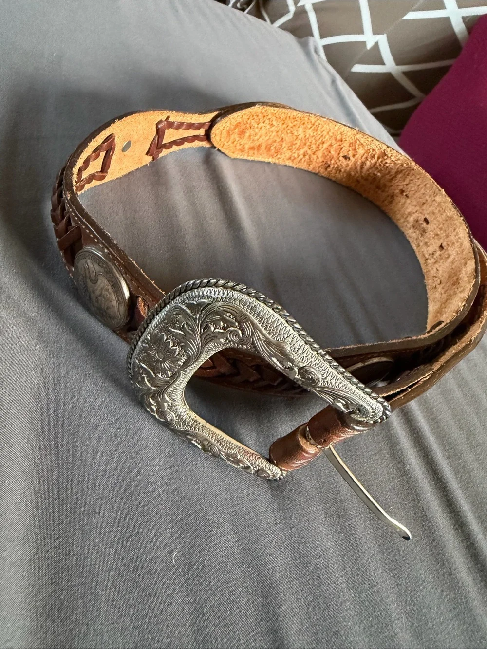 Vintage Justin BootsBraided Leather Belt Half Dollar Silver Buckle Size 36